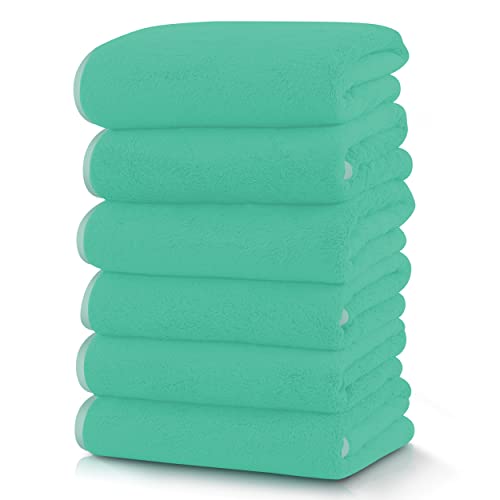 TENSTARS Silk Hemming Hand Towels for Bathroom - Quick Drying - Ultra Soft Microfiber Absorbent Towel for Bath Fitness, Gym, Shower, Hotel, and Spa - 16x28 Inch | Set of 6, Light Teal