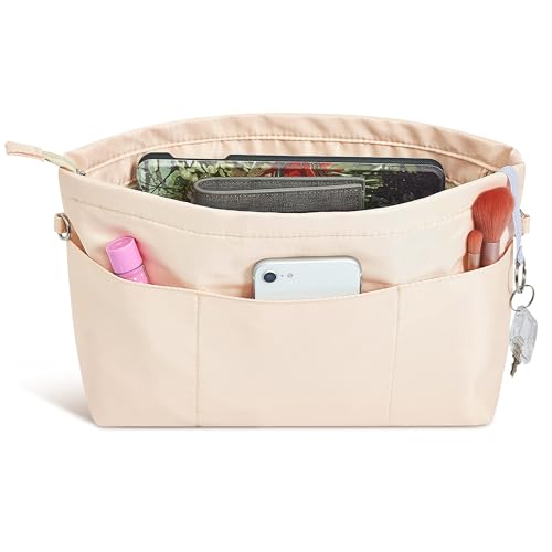 Vercord Premium Nylon Purse Organizer Tote Handbag Insert Organizers Bag in Bag Zipper 13 Pockets Beige Small