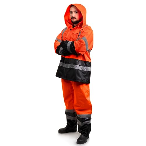 JORESTECH Weatherproof Orange and Black Rain Set - Water and Rain resistant Safet Jacket and Pants