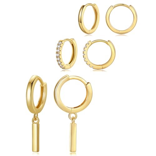 DAILY VIBES Small Gold Hoops Huggie Earrings for Women 14K Real Gold Plated Mini Bar Dangle Dainty Cubic Zirconia Cartilage Earring Hypoallergenic Hoop Earrings Set for Women