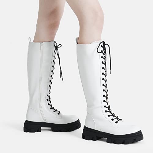 DREAM PAIRS Knee High Boots Women, Fashion Combat Boots Chunky Platform Lace Up Lug Sole Boots for Women,Size 10,White/PU,SDKB221W
