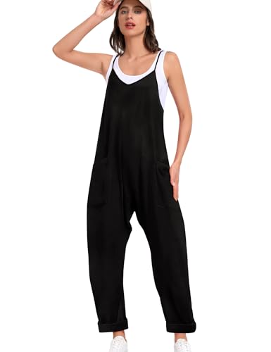 SWOMOG Women's Causal Jumpsuits V Neck Sleeveless Harem Overalls Stretchy Adjustable Strap Romper with Pockets Khaki Small
