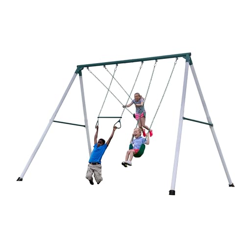 Backyard Discovery Big Brutus Galvanized Steel Swing Set Kit with Classic A-Frame, Two Belt Swings, One Trapeze Bar, Easy Assembly, Heavy-Duty Powder-Coated Steel, Weather-Resistant, Outdoor Playset