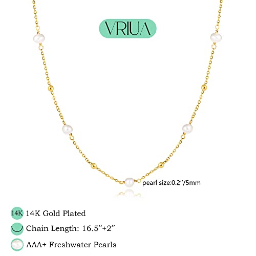 VRIUA Pearl Necklaces for Women, Gold Pearl Necklace 14k Gold Plated Dainty Pearl Necklace Everyday Minimalist Gold Necklace for Women
