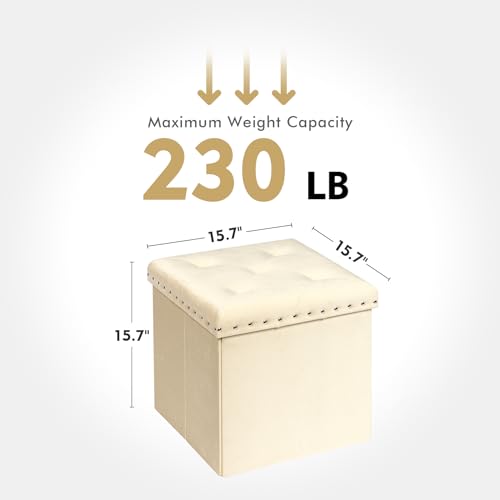 PINPLUS Beige Folding Storage Ottoman Cube, 16inch Velvet Tuffed Storage Ottoman, Foldable Foot Rest Stool with Rivet Tray, Shoes Box Toy Chest and Seat for Living Room, Bedroom