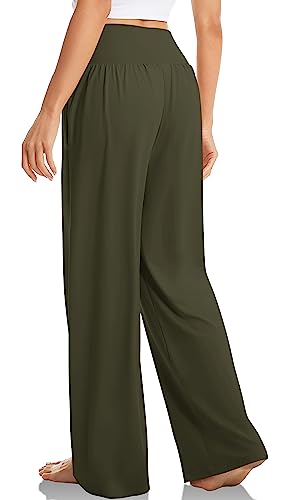 TARSE Womens Wide Leg Pants Petite Loose Yoga Pants Casual Lounge Flowy Pants Pockets Stretch Sweatpants(Army Green,S)