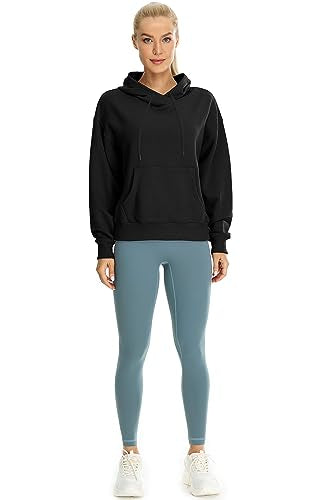 icyzone Women's Fleece Lined Hooded Sweatshirt Tops, Oversized Casual Pullover with kangaroo Pocket & Drawstring (Black, S)