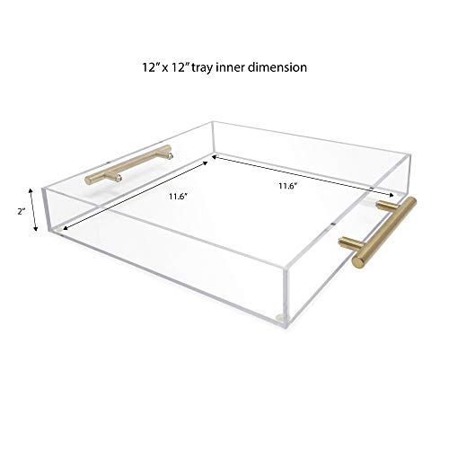 Isaac Jacobs Clear Acrylic Serving Tray (12x12) with Gold Metal Handles, Spill-Proof, Stackable Organizer, Food & Drinks Server, Indoors/Outdoors, Lucite Storage Décor (12x12, Clear with Gold Handle)