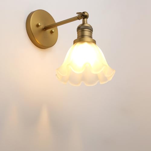 PERMO Milk White Glass Wall Sconce Lamp Single Antique Bronze Sconce Lighting Fixture with Lotus Leaf Shape Shade