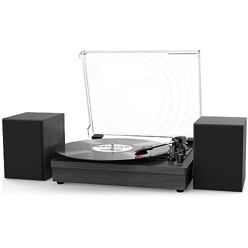 WOCKODER Record Player with Dual Stereo Speakers, Vinyl Record Player with 3 Speed Support Wireless Connection RCA Output Aux in USB Vintage Design Turntable Black