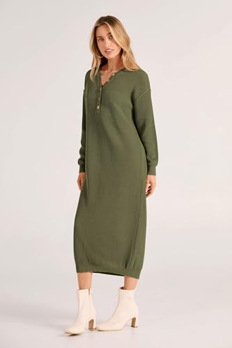PRETTYGARDEN Women's 2024 Fall Knit Sweater Dress Long Sleeve Button V Neck Loose Casual Maxi Dresses (Army Green,Small)