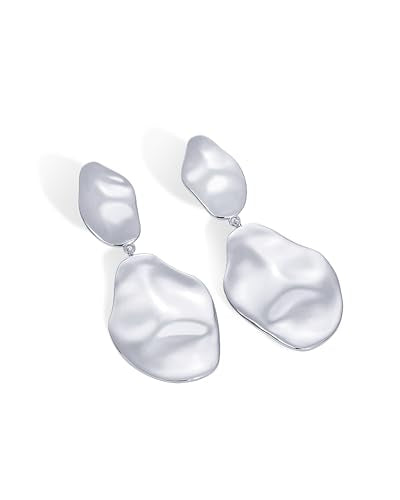 PAVOI Rhodium Plated 925 Sterling Silver Posts Teardrop Statement Dangle Earrings | Lightweight Hammered Drop Dangle Earrings for Women