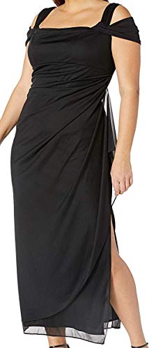 Alex Evenings Women's Plus Size Long Cold Shoulder Dress with Ruched Skirt, Black, 14W
