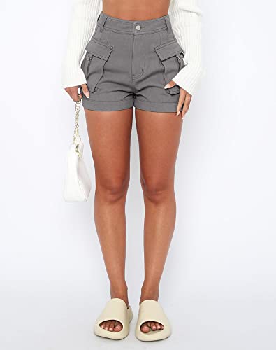 Minthunter Womens Casual High Waist Cargo Shorts with Pockets Summer Short Hot Pants (Grey,Medium,Female,Adult,Regular,Regular,Medium,US,Alpha)