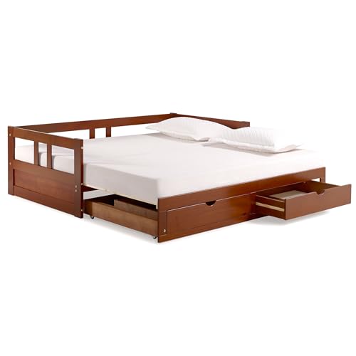 Alaterre Furniture Melody Extendable Daybed Frame with Trundle and Storage Drawers, Brazilian Pine Wood King-Size Bed for Kids Bedroom Furniture, 200 Pound Capacity, Multiple Finish Options