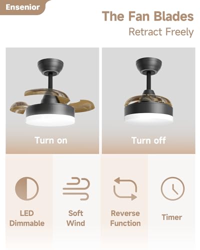 Ensenior 24 Inch Retractable Ceiling Fan with Lights and Remote, Dimmable Retractable Fan Ceiling Light, 3000K-6000K Colors and 6 Speeds, Small Ceiling Fan Retractable Blades for Bedroom - Black