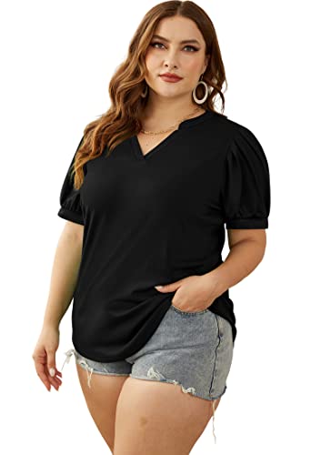 Womens Floral Tops Summer Short Puff Sleeve Shirts Flowy Tunic for Women V Neck Black S