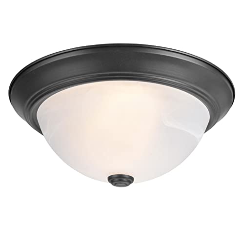 Aspen Creative 63014-2A, 2-Light Flush Mount Ceiling Light Fixture, Transitional Design in Dark Bronze Finish, White Alabaster Glass Diffuser, 13-1/8" Diameter