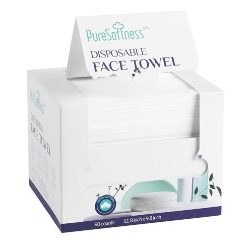 PureSoftness Disposable Face Towel, 100% Cotton, 80 Count, Extra Large 12" x 10", Soft Dry Wipe for Face Wash, Makeup Remover, Bio-Based Towelette for Sensitive Skin (1 Pack)