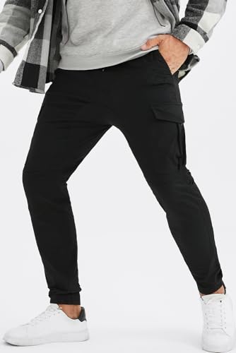 JMIERR Men's Fashion Cargo Pants - Casual Cotton Tapered Stretch Twill Chino Athletic Joggers Sweatpants Lightweight Drawstring Workout Trousers with Pockets for Men, US 34(M), 1 Black