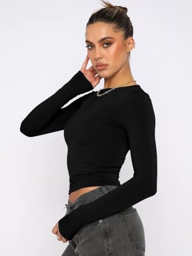 Womens Sexy Basic T Shirts Tops, Long Sleeve Crewneck Slim Fit Going Out Tight Trendy Tees Crop Top Blouses. Black