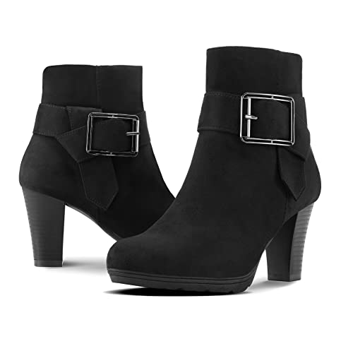 mysoft Women's Wide Width Ankle Boots Chunky Heel Ankle Strap Buckle Booties with Zipper