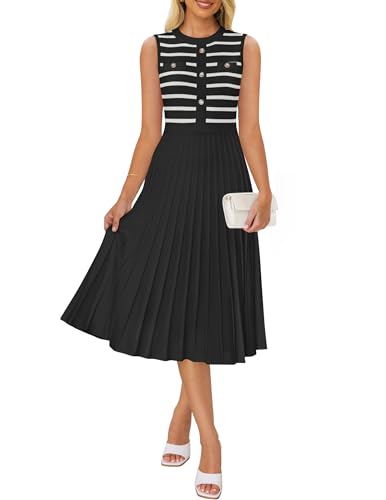 ZESICA Women's Sleeveless Striped Midi Dress Summer Crewneck Button Knit Swing Pleated A Line Casual Dresses,Beige,Small