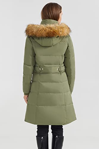 Orolay Quilted Down Jacket Women Winter Long Coat Puffer Jacket with Fur Hood ArmyGreen XS