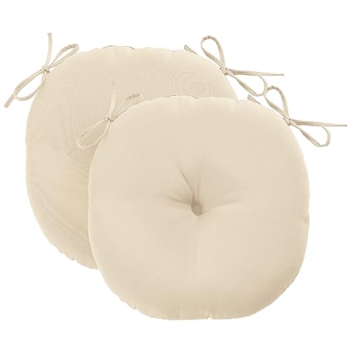 downluxe Bistro Chair Cushions for Patio Furniture, Water-Resistant Round Outdoor Chair Cushions Set of 2 with Non-Slip Ties, 15" x 15", Beige