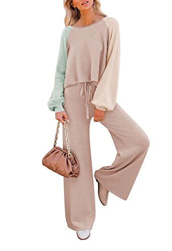 Pink Queen Women's 2 Piece Knit Outfit Cropped Sweater Top Wide Leg Long Pants Sweatsuits Pajama Set Green L