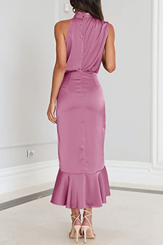 MITILLY Women's Satin Sleeveless Mock Neck Elastic Waist Bodycon Wrap Mermaid Hem Formal Cocktail Party Maxi Dress Small Dusty Rose