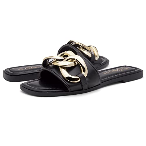 Shoe Land Women's Flat Sandals - Square Open Toe Single Band Fashion Slides with Metal Chain Dressy 2025 Trendy | Comfortable Slippers with Cushioned Footbed for Summer, Black, Size 6.0, Emma