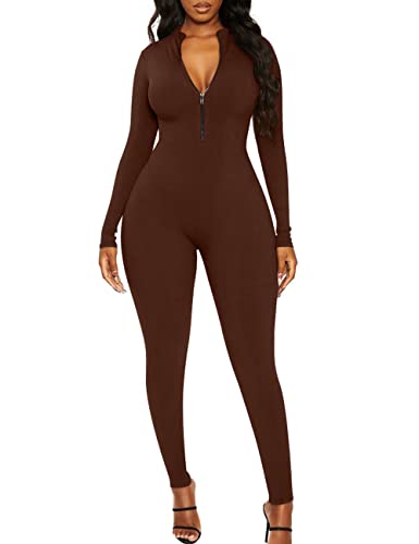 Mizoci Women's Sexy Bodycon Long Sleeve One Piece Jumpsuit V Neck Zip Up Ribbed Full Romper, S, Coffee