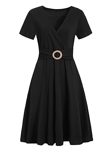 Women's Elegant Criss-Cross V Neck Vintage Short Sleeve Work Casual Party Swing Tea Dress with Pockets 980 (M, Navy Blue)