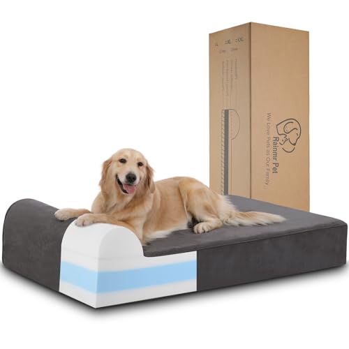 Rainmr 7 inch Orthopedic Dog Bed for Large Dogs - Chew-Resistant & Washable Microsuede Cover/Waterproof Inner Case - with 4 inch Headrest Memory Foam Dog Bed (Large, Grey)