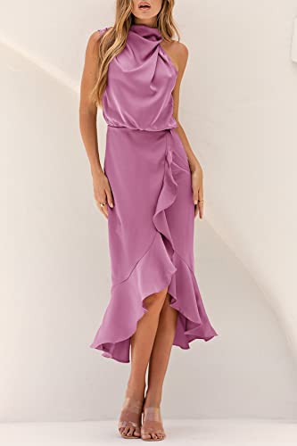 MITILLY Women's Satin Sleeveless Mock Neck Elastic Waist Bodycon Wrap Mermaid Hem Formal Cocktail Party Maxi Dress Small Dusty Rose