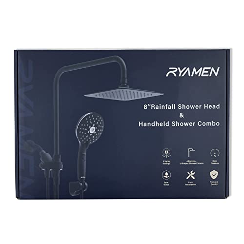 Ryamen Dual Shower Head Combo, Black 8'' High Pressure Rain/Rainfall Shower Head,5 Settings Adjustable Handheld Showers,with 15" Height Adjustable Slide Bar,Holder/59’‘ Hose