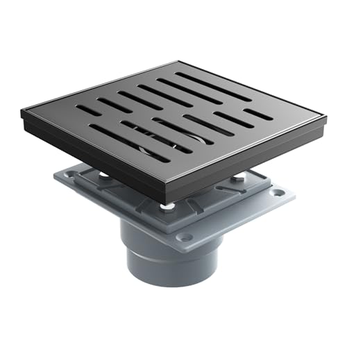 4 Inch Square Shower Drain, EMBATHER 304 Stainless Shower Floor Drain and Shower Drain Cover Included Hair Catcher and Leveling Feet, Black