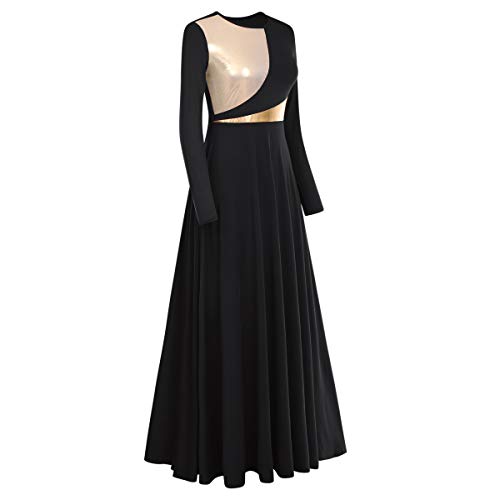 IDOPIP Praise Dance Dresses for Women Gold Metallic Liturgical Lyrical Dancewear Long Sleeves Dance Dress Loose Fit Full Length Robe Ruffle Tunic Skirt Worship Team Dresses Costume Black + Gold S