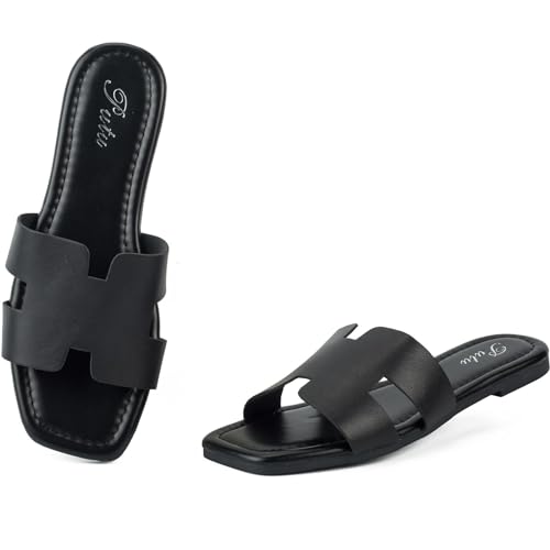 Putu Women's Flat Sandals Summer Sandals Cute Slide Sandals Black 6