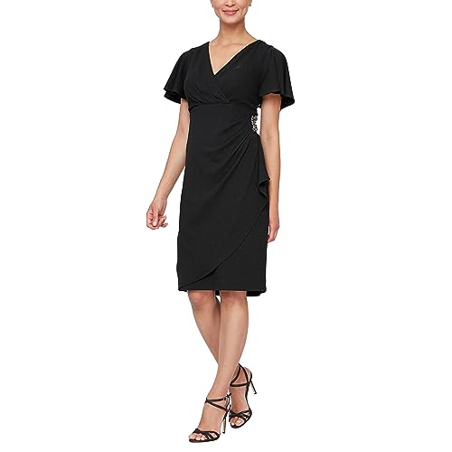 S.L. Fashions Women's Midi V-Neck Sheath Dress with Flutter Sleeves and Hip Decal, Blush, 16