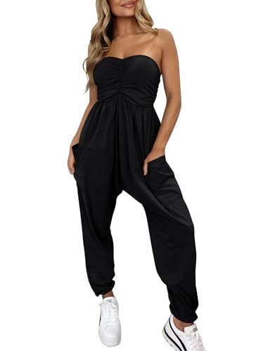 MIHOLL Jumpsuits for Women Casual Summer Tube Top Strapless Pants Rompers Going Out One Piece Jumpsuits Loose Overalls Jumper Black S