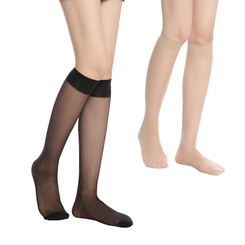 HA WA 6 Pairs Women's Knee High Stocking Nylon Black&Nude Socks(20D-KS 3*Black+3*Nude)