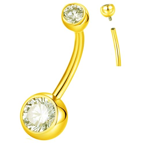 ORANGELOVE G23 Titanium Belly Button Ring CZ Round Cubic Zirconia Internally Threaded Belly Button Navel Piercing Ring Gold 14G 8mm Belly Body Piercings Barbell Jewelry Navel Ring for Women Men