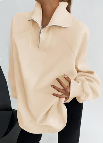 ZESICA Women's Half Zip Oversized Sweatshirts 2024 Long Sleeve Quarter Zipper Fleece Y2K Pullover Hoodies Tops,Apricot,Small