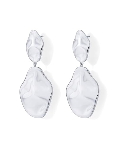 PAVOI Rhodium Plated 925 Sterling Silver Posts Teardrop Statement Dangle Earrings | Lightweight Hammered Drop Dangle Earrings for Women