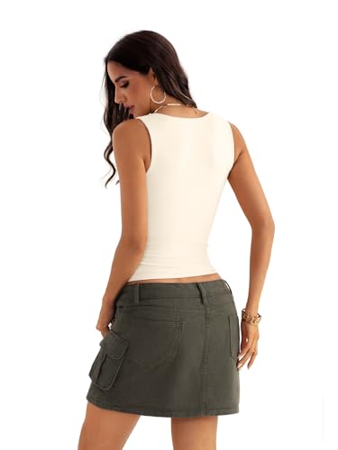 Eachyes Womens Boat Neck Seamless Tank Tops Sleeveless Double Layering Shirts Basic Going Out Tops Summer Outfits Beige Small