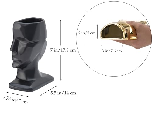 BOIHEGU Black Decorative Bookends, 7 inch Ceramic Multi Face Decorative Flower Vase(Set of 2) Modern Black Accent Decorative Bookends Gifts for Shelves
