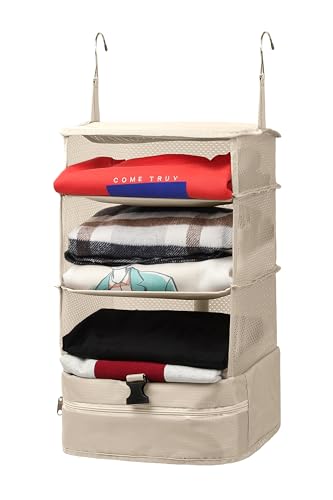 ELEZAY Hanging Packing Cubes Portable Travel Closet Collapsible Compression Clothes Organizer with Built in Shelves for Carry-on Luggage Suitcase Wardrobe Large_11.8 * 11.8 * 24 in, Beige