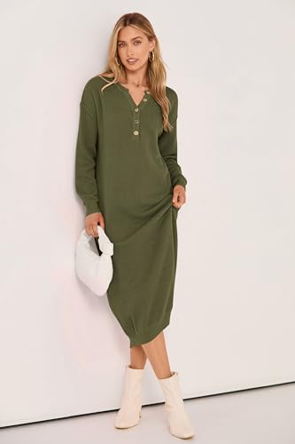 PRETTYGARDEN Women's 2024 Fall Knit Sweater Dress Long Sleeve Button V Neck Loose Casual Maxi Dresses (Army Green,Small)